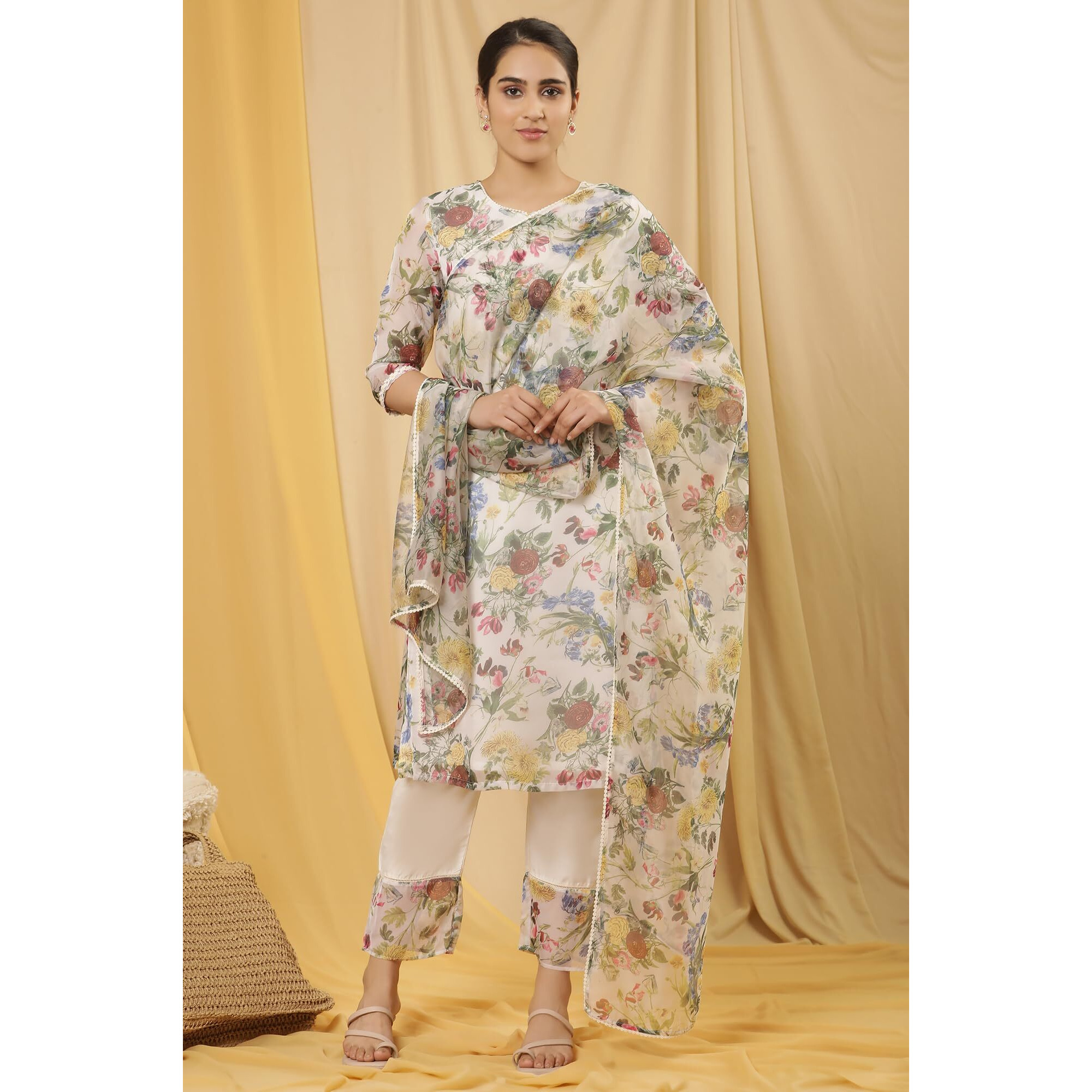W Women White Floral Print Organza Dupatta_24Few82245-123296