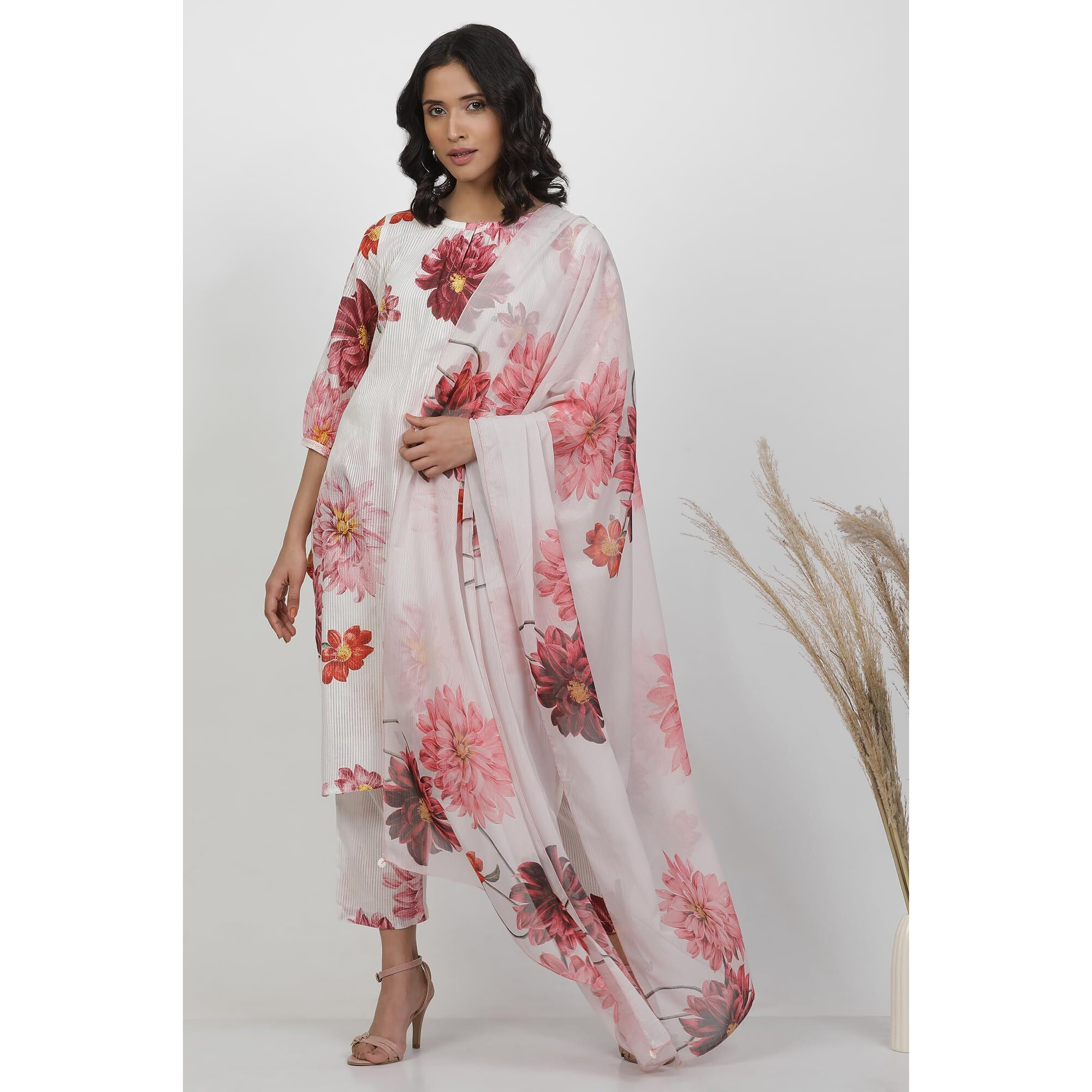 W For Woman White Floral Print Chiffon Dupatta