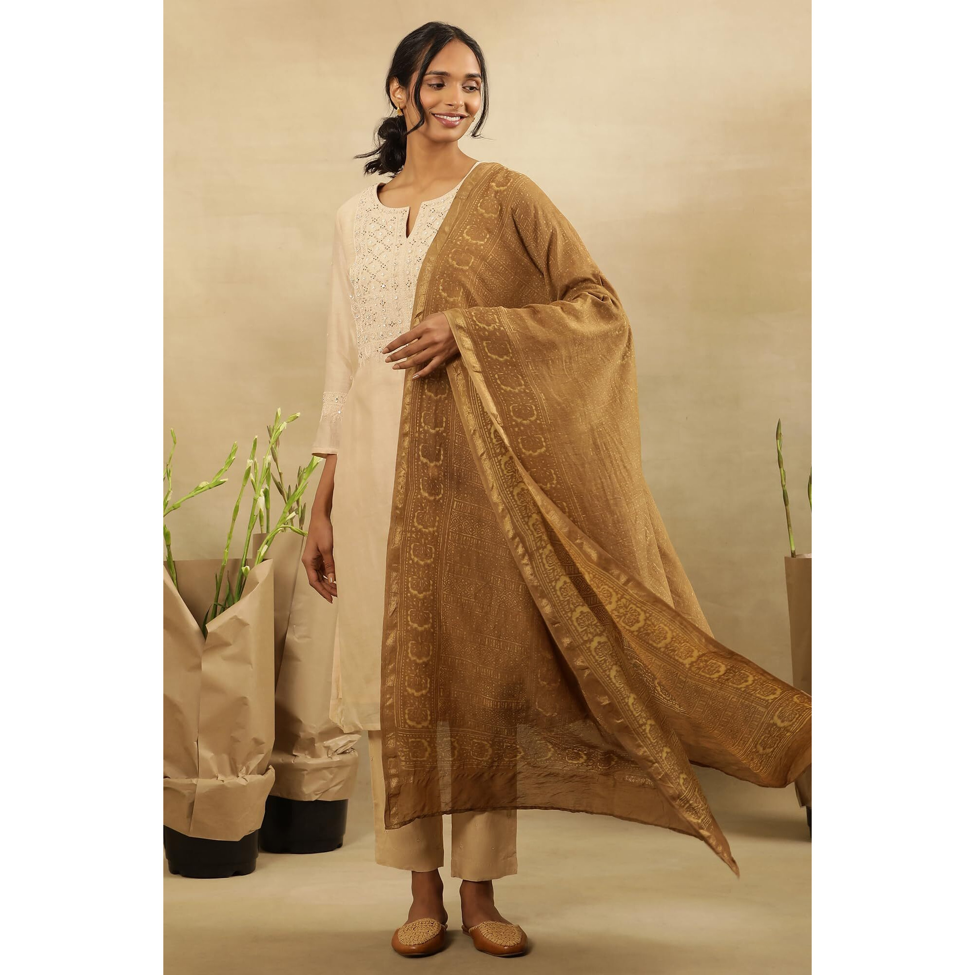 W For Woman Folksong By W Women Brown Festive Printed Cotton Dupatta_24Maf82175-910495_Fs