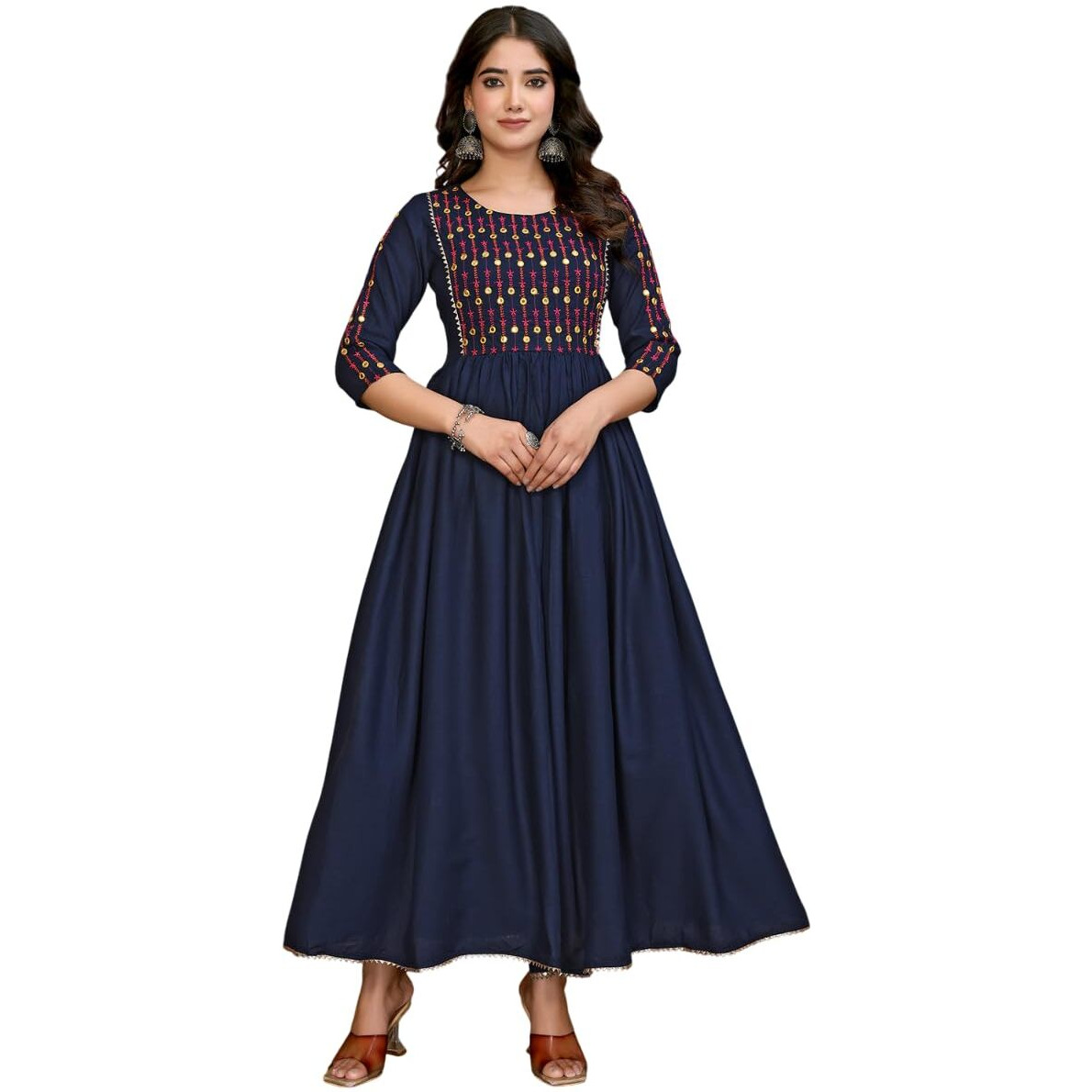 Rangita Navy Blue Rayon Calf Length Embroidered Flared Kurti | Kurta For Women_S