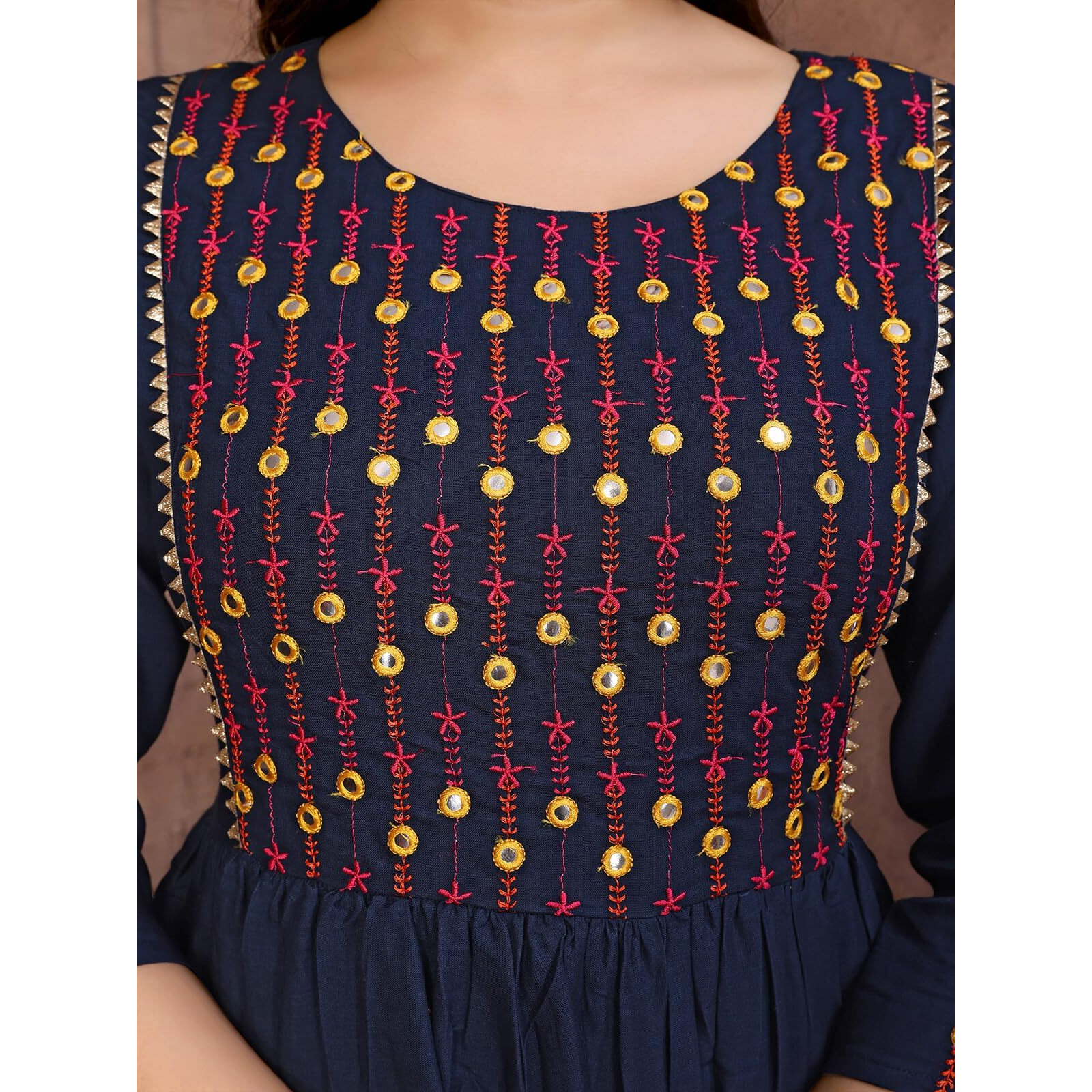 Rangita Navy Blue Rayon Calf Length Embroidered Flared Kurti | Kurta For Women_L