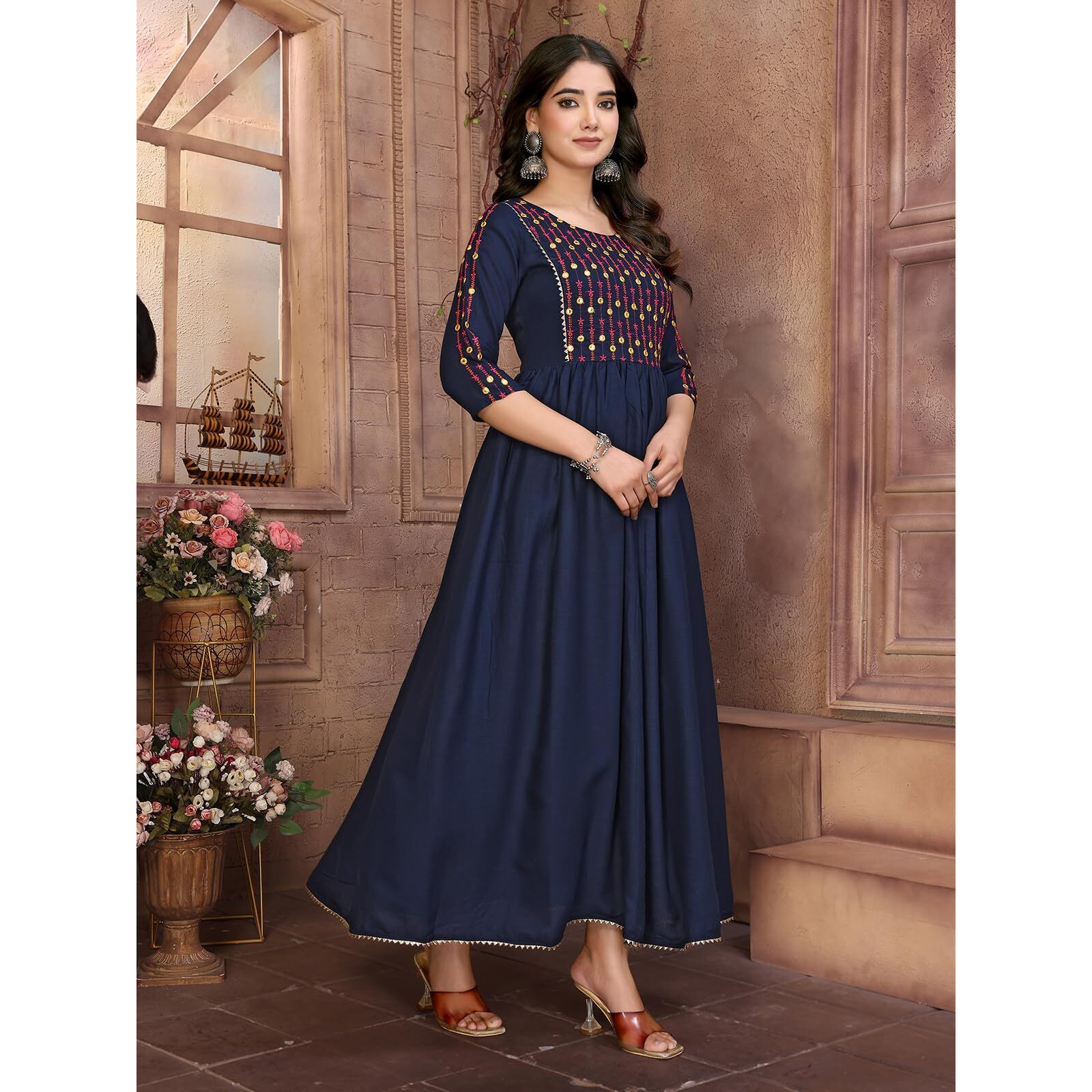 Rangita Navy Blue Rayon Calf Length Embroidered Flared Kurti | Kurta For Women_L