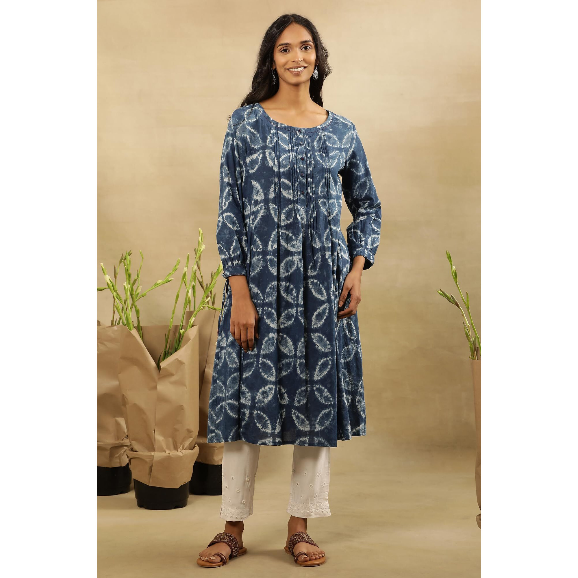 W For Woman Folksong By W Women Blue Printed Cotton Flared Kurta_24Maf11724-911080_Xl