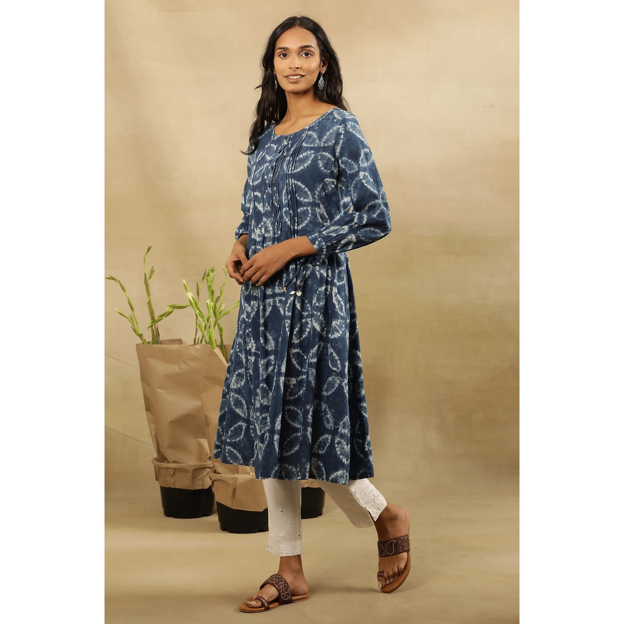W For Woman Folksong By W Women Blue Printed Cotton Flared Kurta_24Maf11724-911080_Xl
