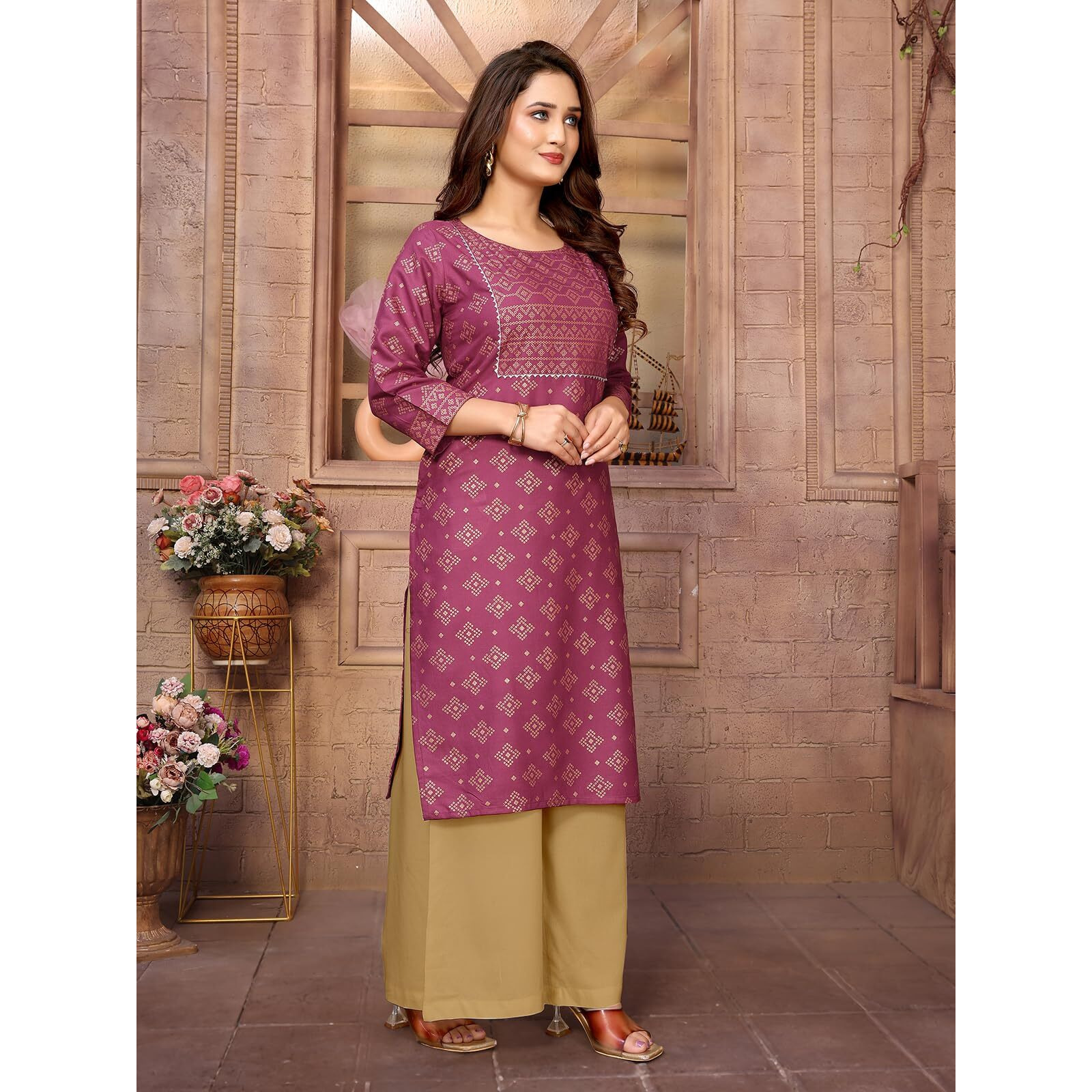 Rangita Wine Rayon Printed Knee Length Straight Kurti | Kurta For Women_2Xl