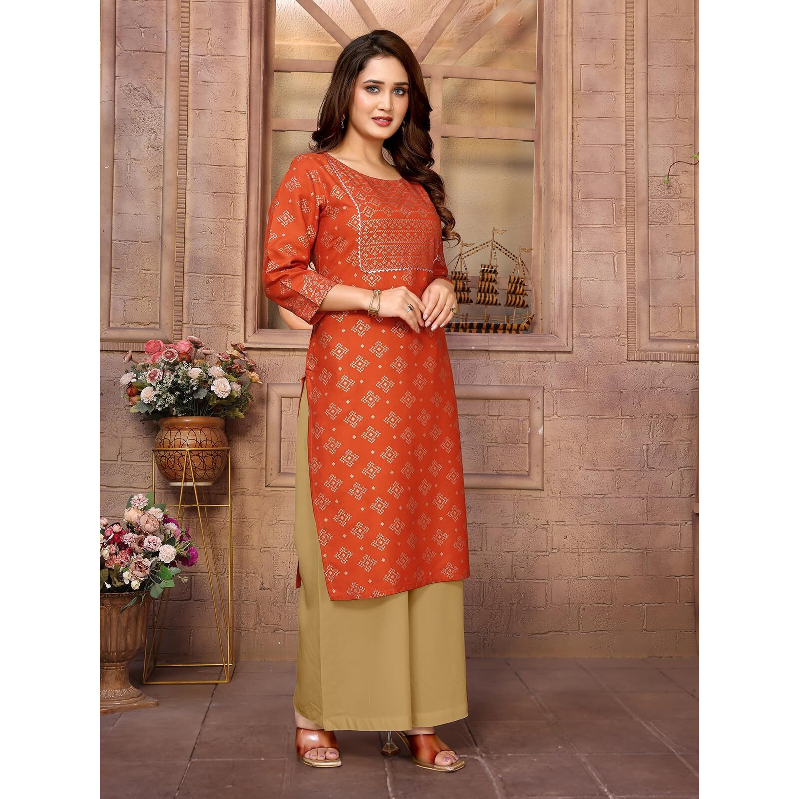 Rangita Orange Rayon Printed Knee Length Straight Kurti | Kurta For Women_M