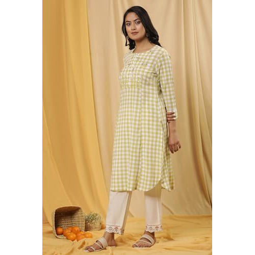 W Women White Checked Print Cotton A-Line Kurta_24Few11009-313972_3Xl