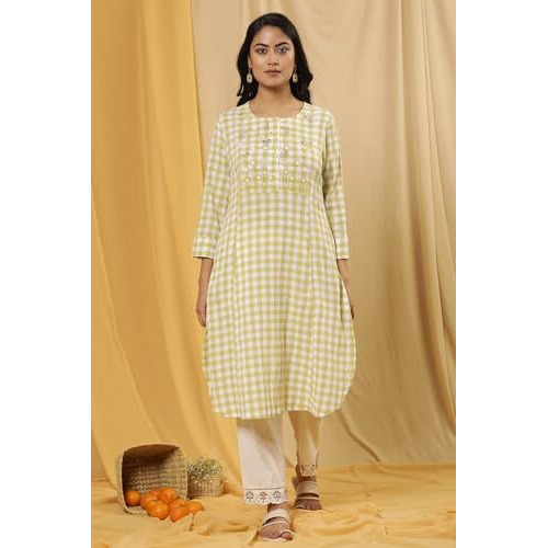W Women White Checked Print Cotton A-Line Kurta_24Few11009-313972_Xs