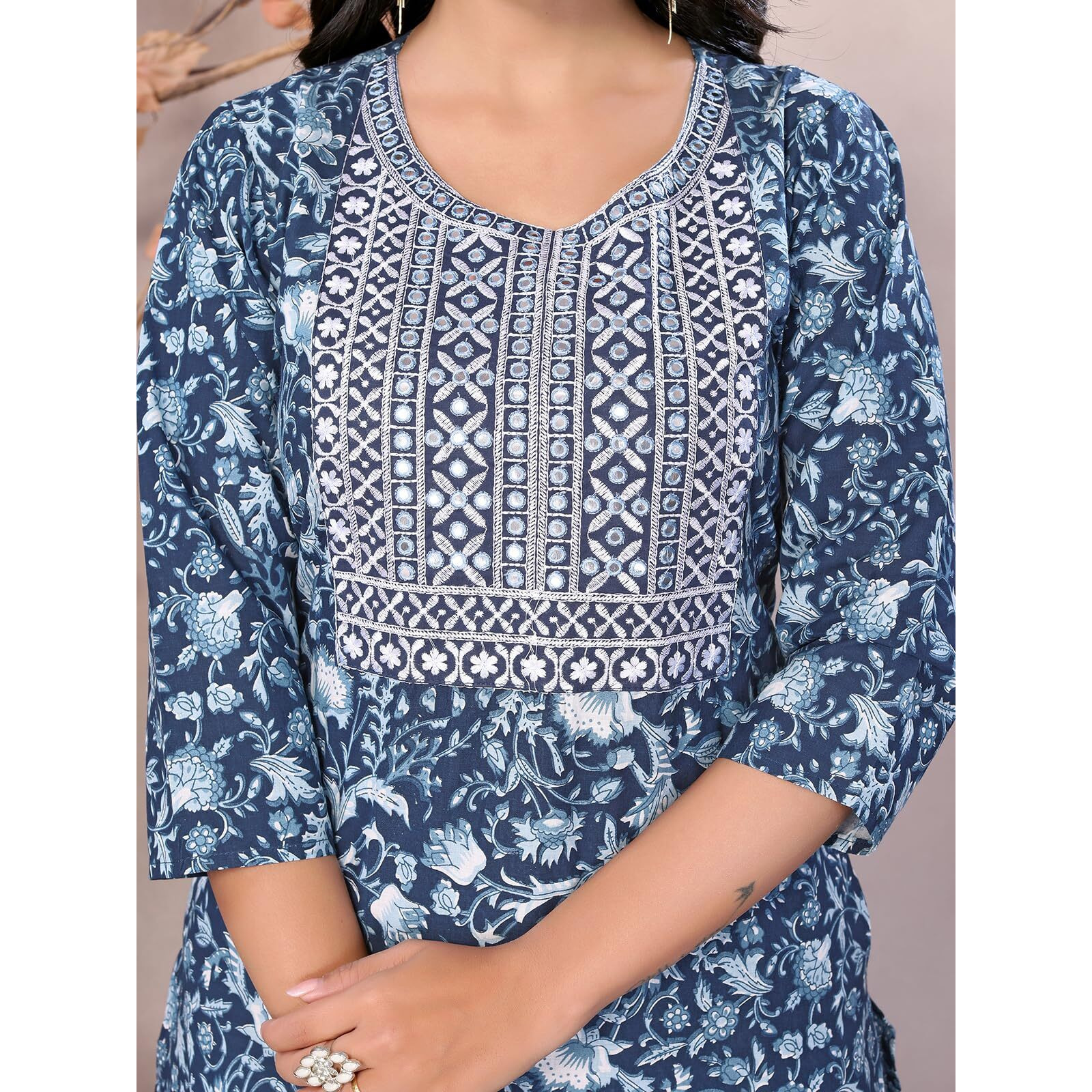 Rangita Blue Cotton Embroidered Straight Kurta With Pant And Dupatta | Kurta Set For Women_L