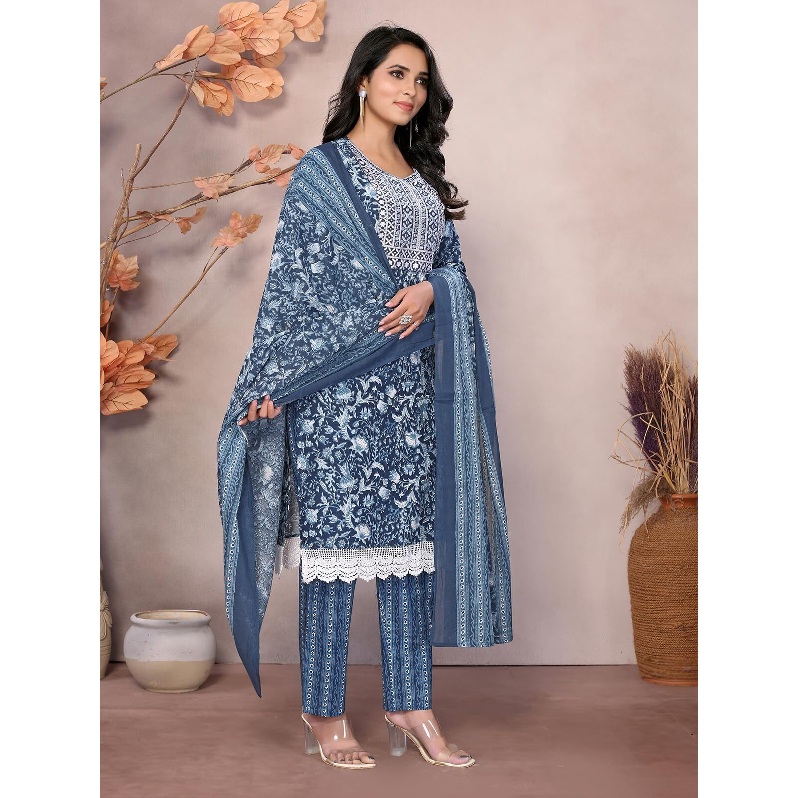 Rangita Blue Cotton Embroidered Straight Kurta With Pant And Dupatta | Kurta Set For Women_L