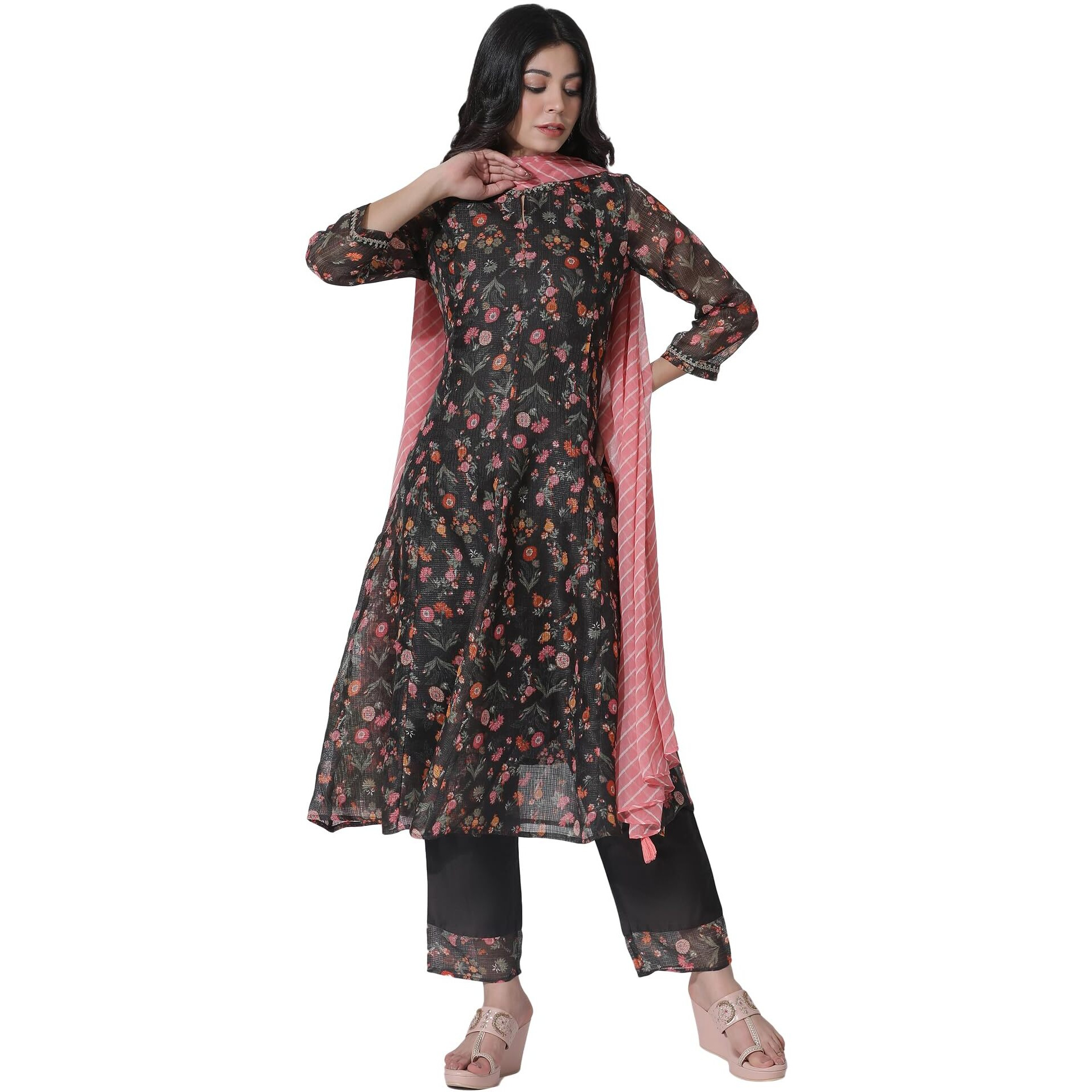 W For Woman Dark Brown Panelled Printed Kota Kurta, Pants And Dupatta Set_24Fews11022-123350_S
