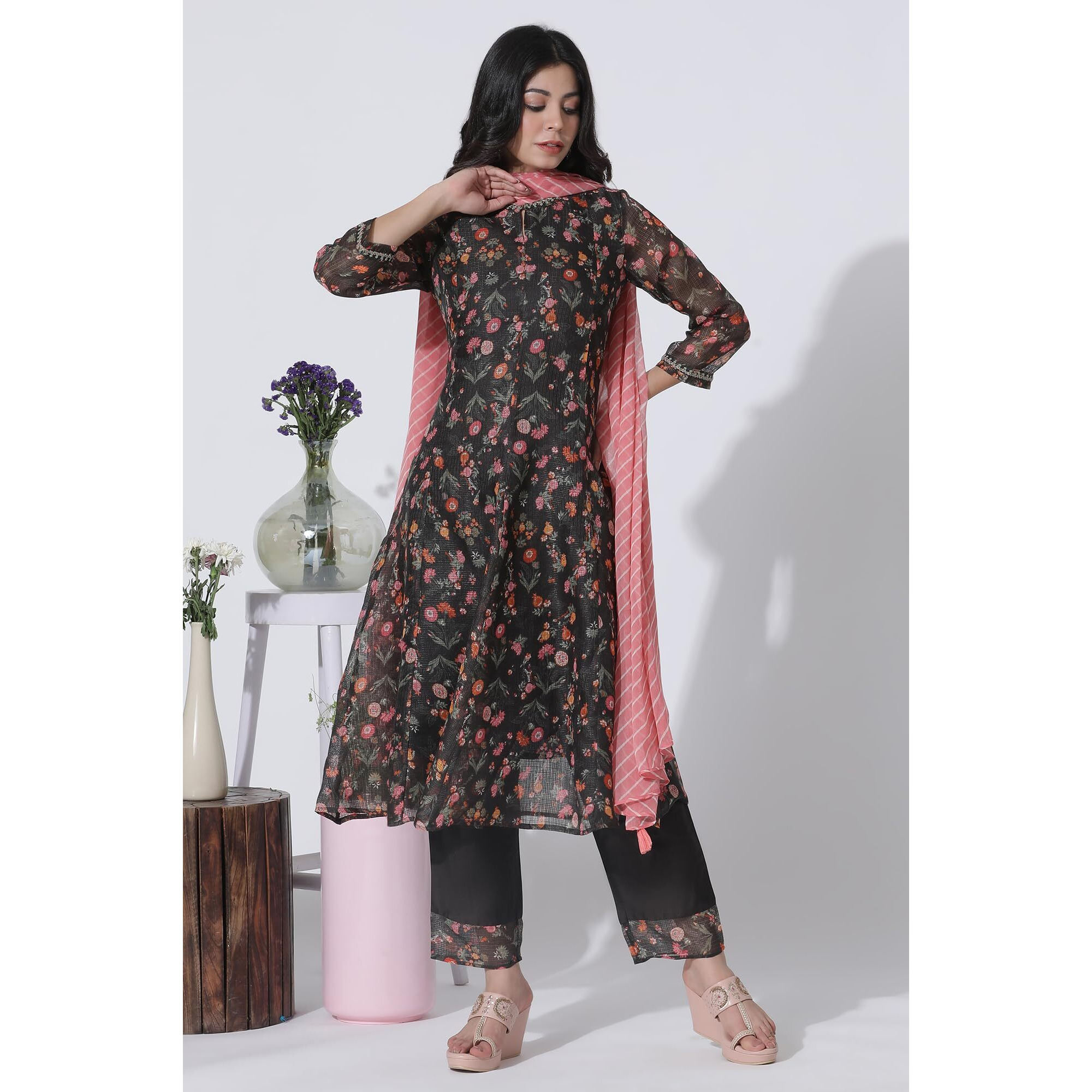 W For Woman Dark Brown Panelled Printed Kota Kurta, Pants And Dupatta Set_24Fews11022-123350_S