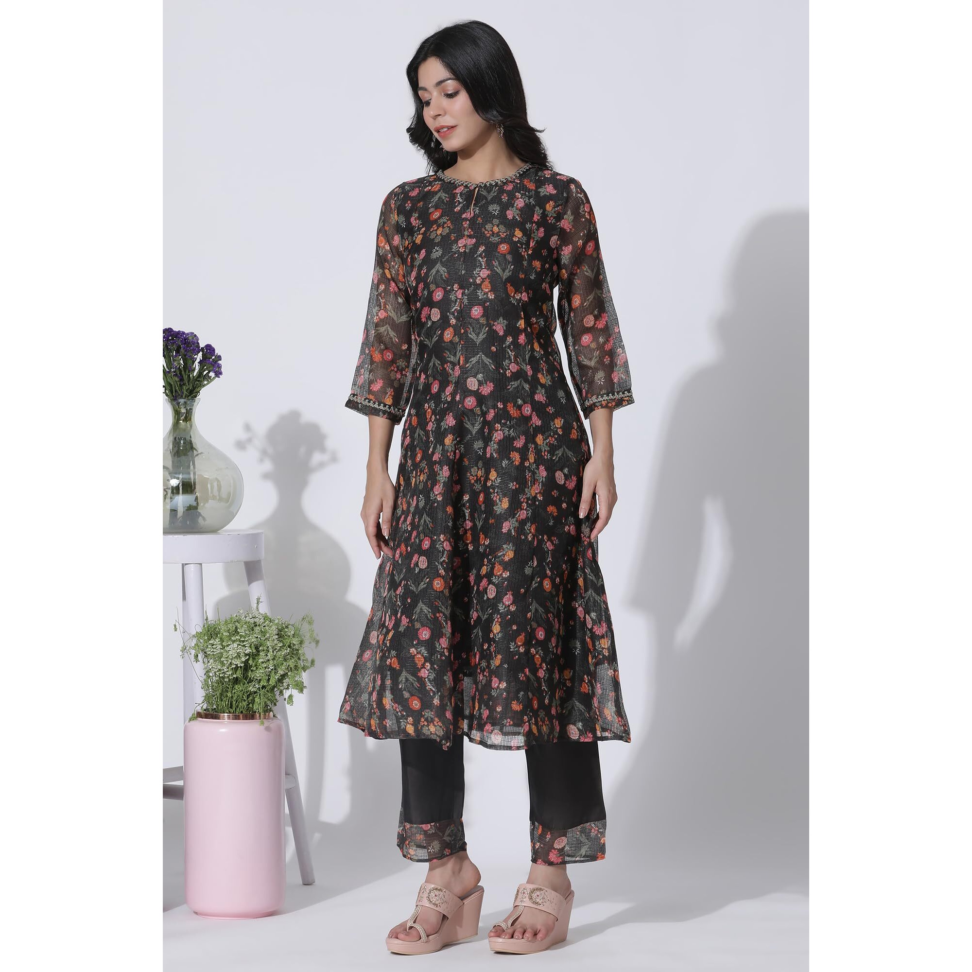 W For Woman Dark Brown Panelled Printed Kota Kurta, Pants And Dupatta Set_24Fews11022-123350_S