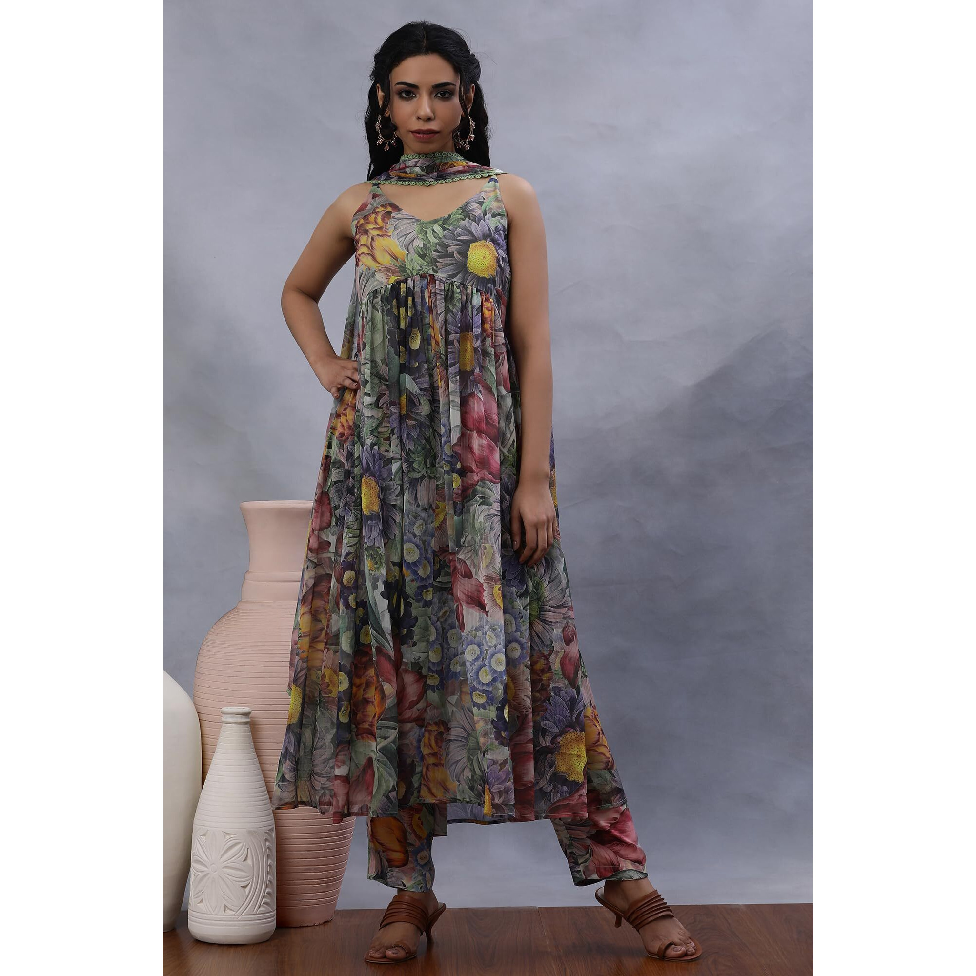 W For Woman Multi-Coloured Floral Printed Gathered Kurta, Pants And Dupatta Set (Size 3Xl)-24Fews11255-123567