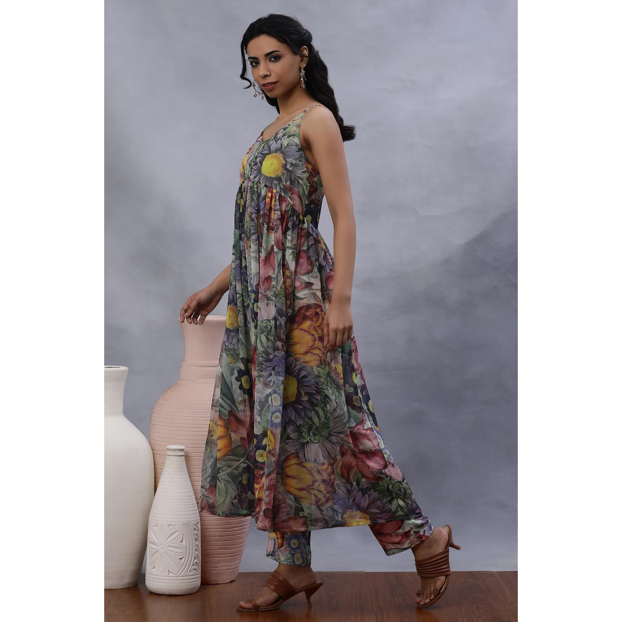 W For Woman Multi-Coloured Floral Printed Gathered Kurta, Pants And Dupatta Set (Size 3Xl)-24Fews11255-123567