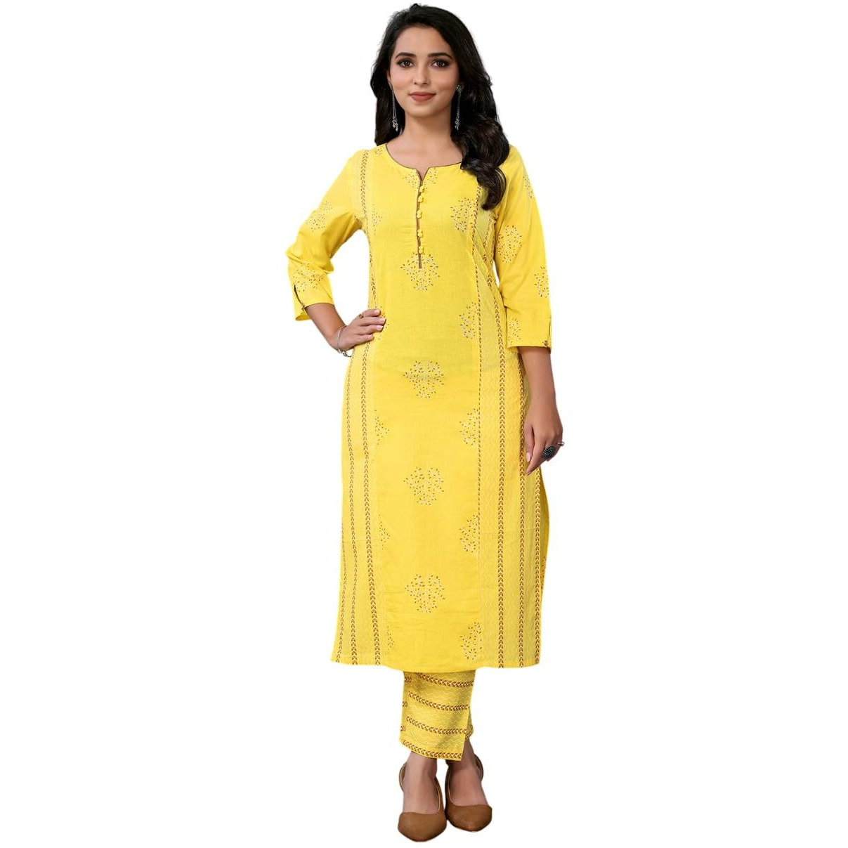 Rangita Yellow Cotton Printed Straight Kurta With Pant | Kurta Set For Women_M