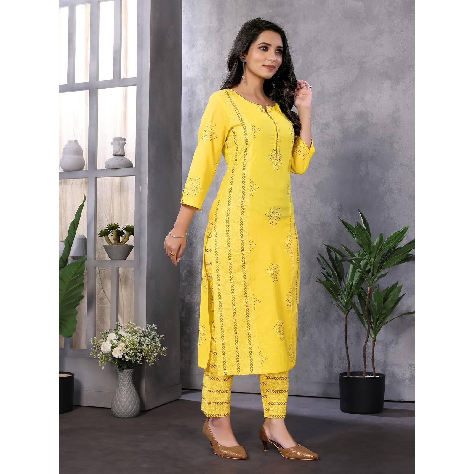 Rangita Yellow Cotton Printed Straight Kurta With Pant | Kurta Set For Women_L