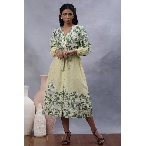W For Woman W Women Yellow Floral Print Cotton A-Line Dress_24Few10845-810683_L