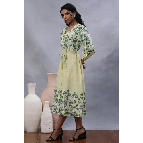 W For Woman W Women Yellow Floral Print Cotton A-Line Dress_24Few10845-810683_L