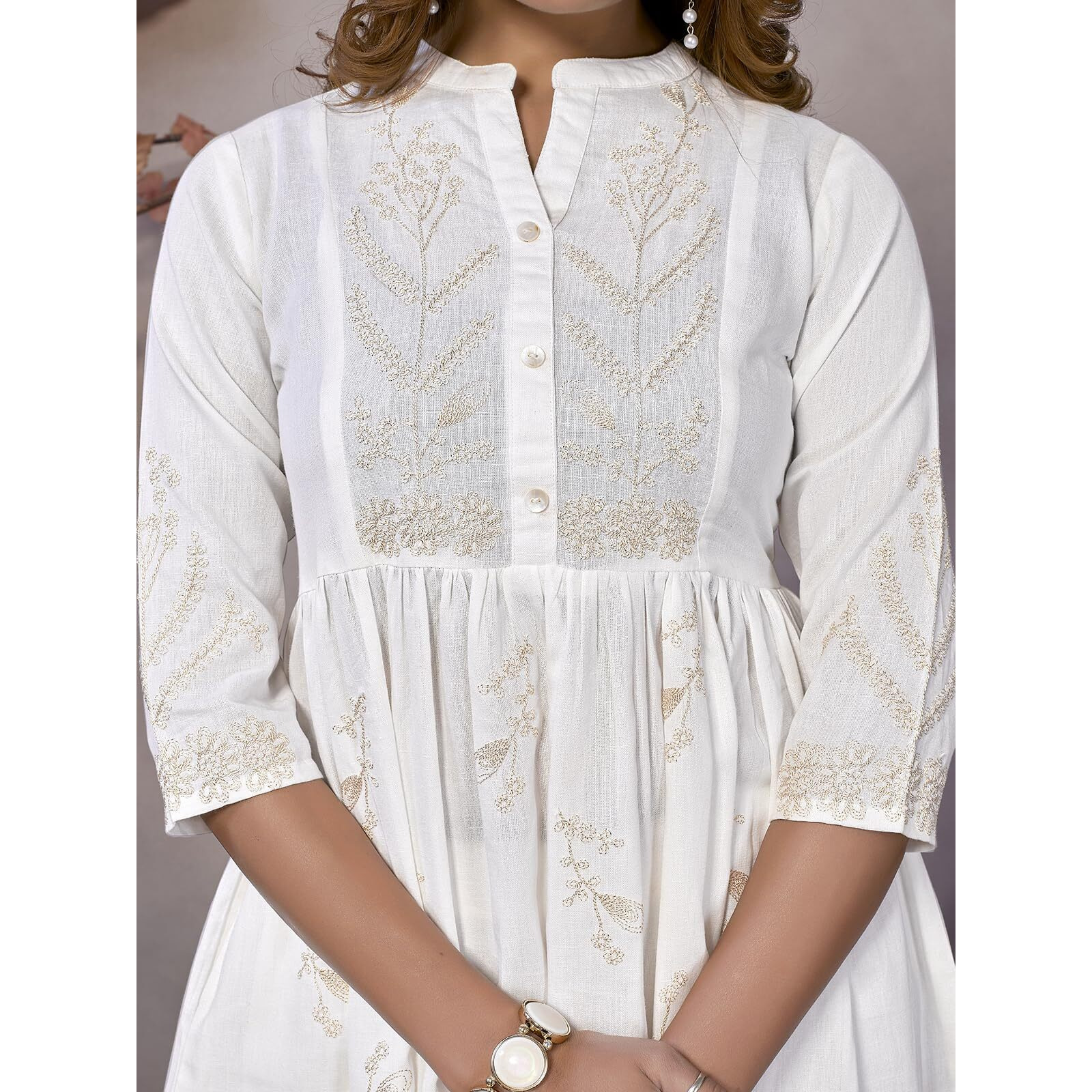 Rangita White Cotton Calf Length Embroidered Flared Kurti | Kurta For Women_M