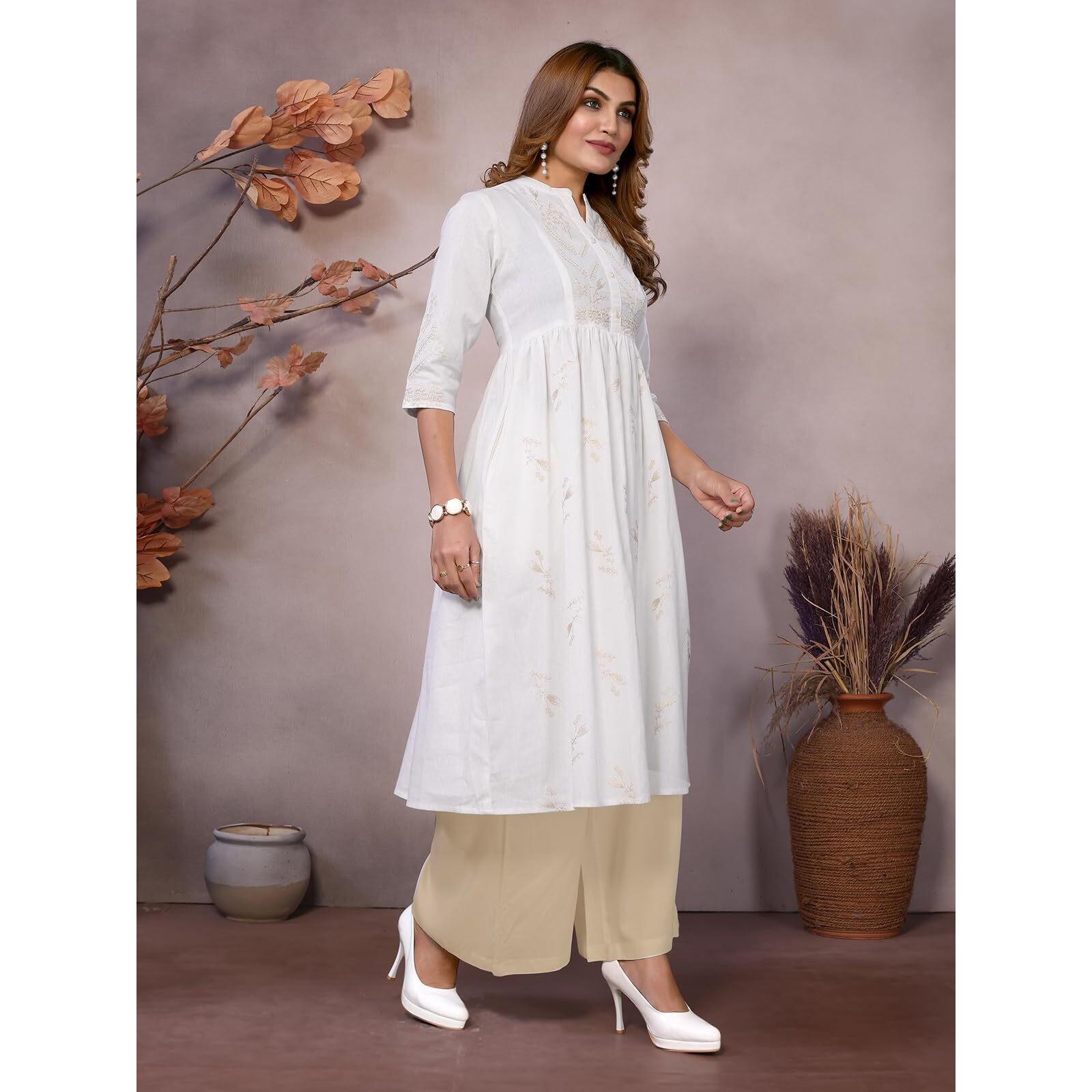 Rangita White Cotton Calf Length Embroidered Flared Kurti | Kurta For Women_M