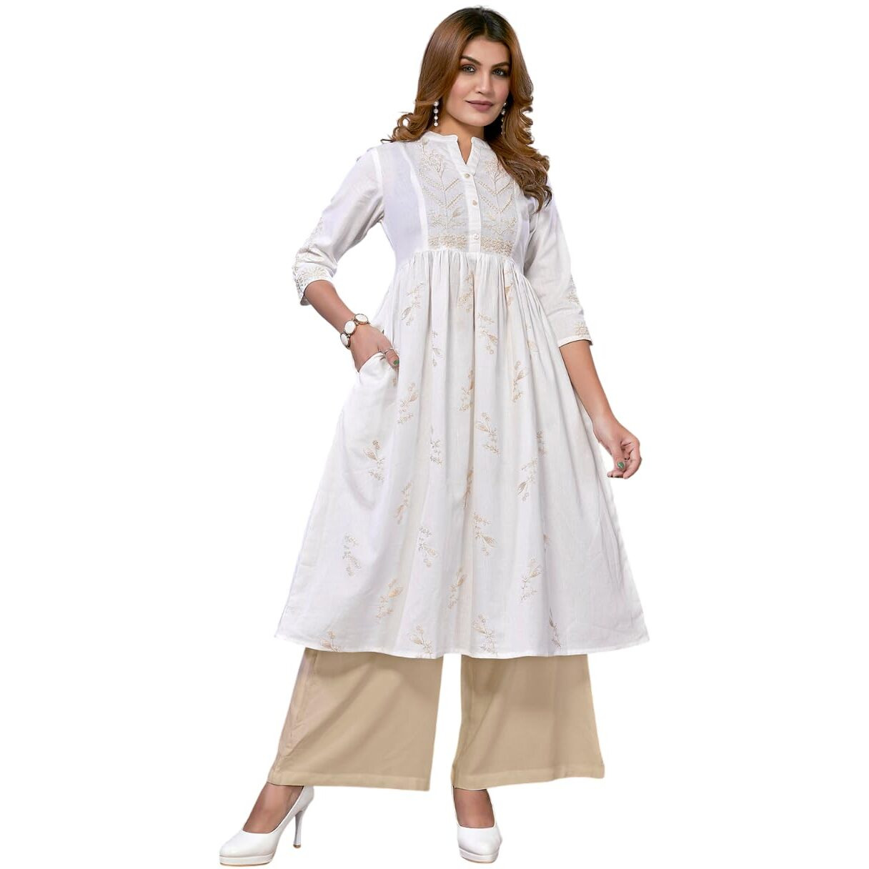 Rangita White Cotton Calf Length Embroidered Flared Kurti | Kurta For Women_Xl