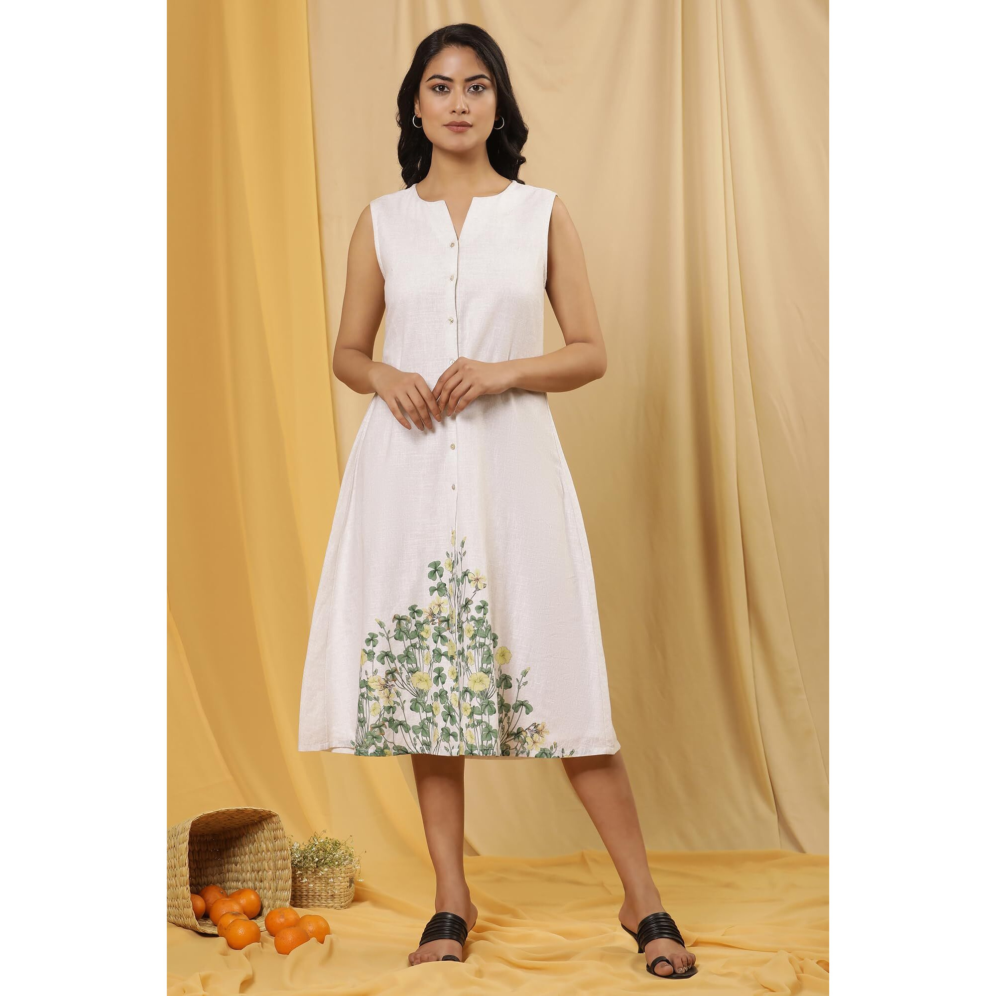 W For Woman White Floral Print Cotton A-Line Dress_24Few11365-810684_M