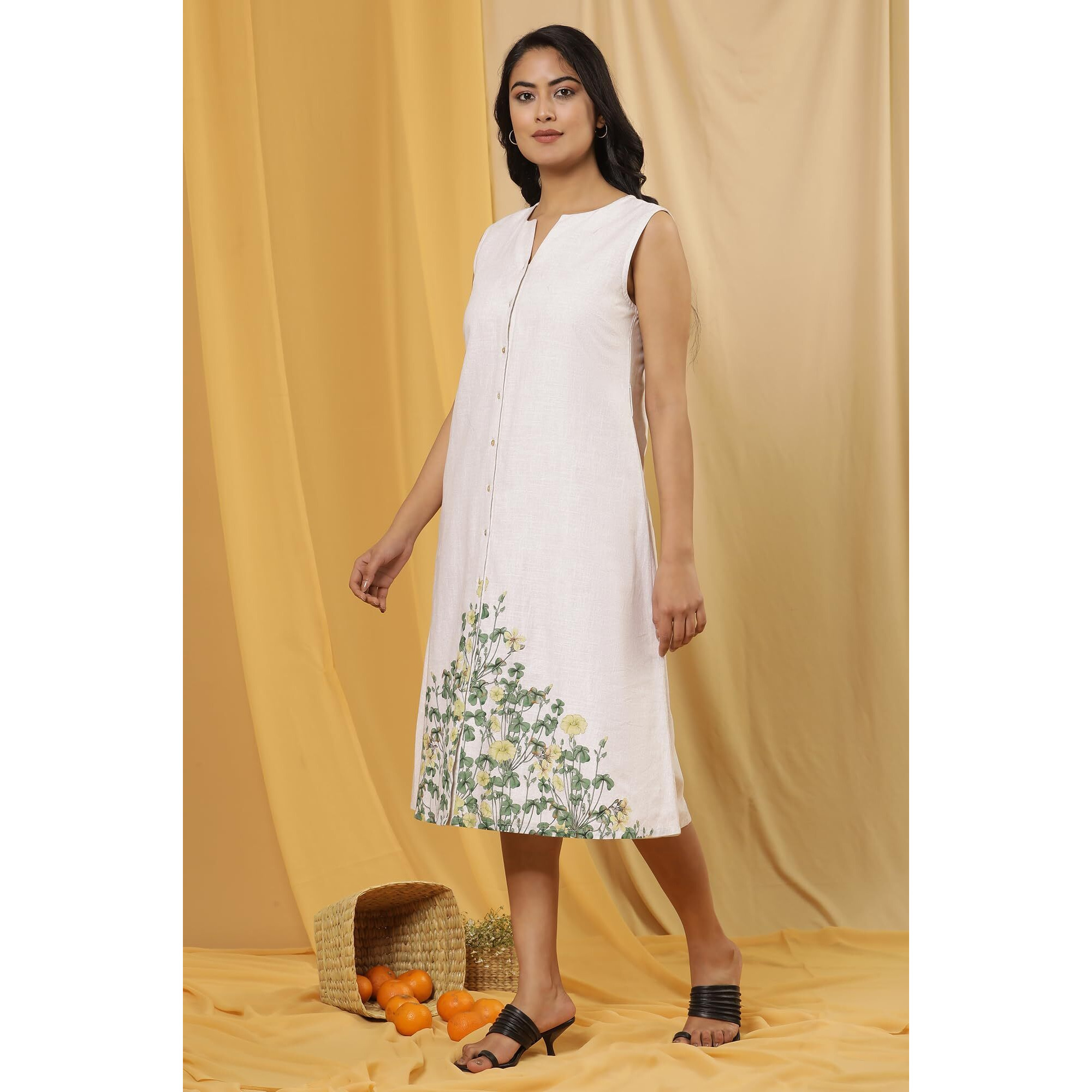 W For Woman White Floral Print Cotton A-Line Dress_24Few11365-810684_M