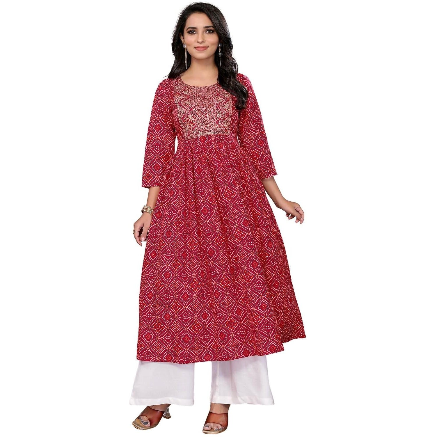 Rangita Red Rayon Calf Length Embroidered Anarkali Kurti | Kurta For Women_M
