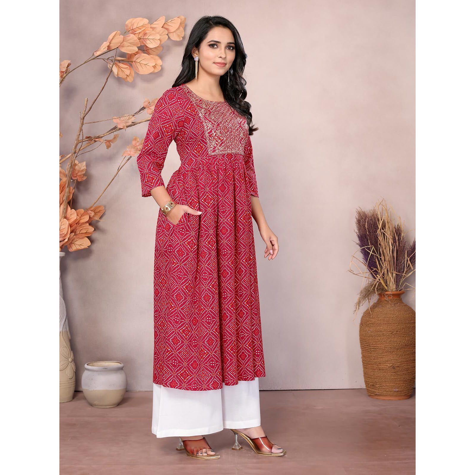 Rangita Red Rayon Calf Length Embroidered Anarkali Kurti | Kurta For Women_M