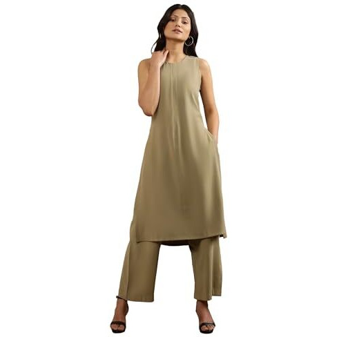 W For Woman Green Sleeveless Solid Straight Kurta And Pants Set (Size S)-24Fews30925-605643