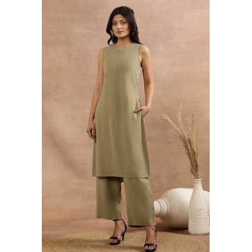W For Woman Green Sleeveless Solid Straight Kurta And Pants Set (Size S)-24Fews30925-605643
