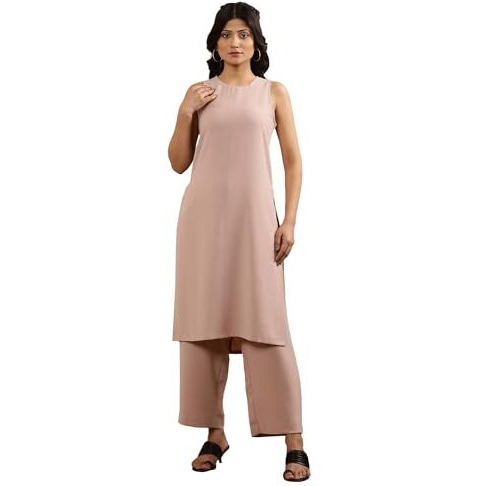 W For Woman Pink Sleeveless Solid Straight Kurta And Pants Set (Size L)-24Fews30925-605638