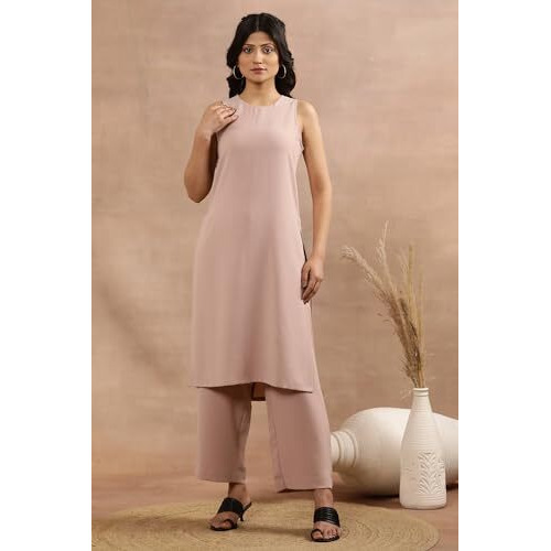 W For Woman Pink Sleeveless Solid Straight Kurta And Pants Set (Size L)-24Fews30925-605638