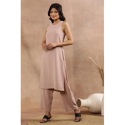 W For Woman Pink Sleeveless Solid Straight Kurta And Pants Set (Size L)-24Fews30925-605638