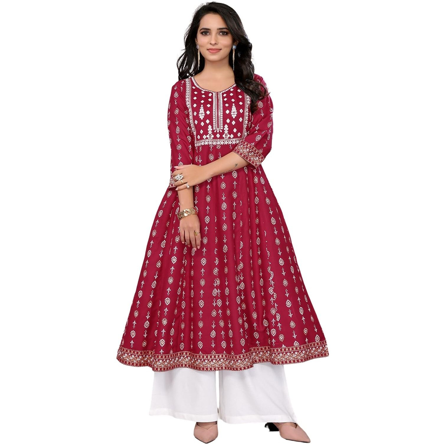 Rangita Maroon Rayon Calf Length Embroidered Anarkali Kurti | Kurta For Women_L