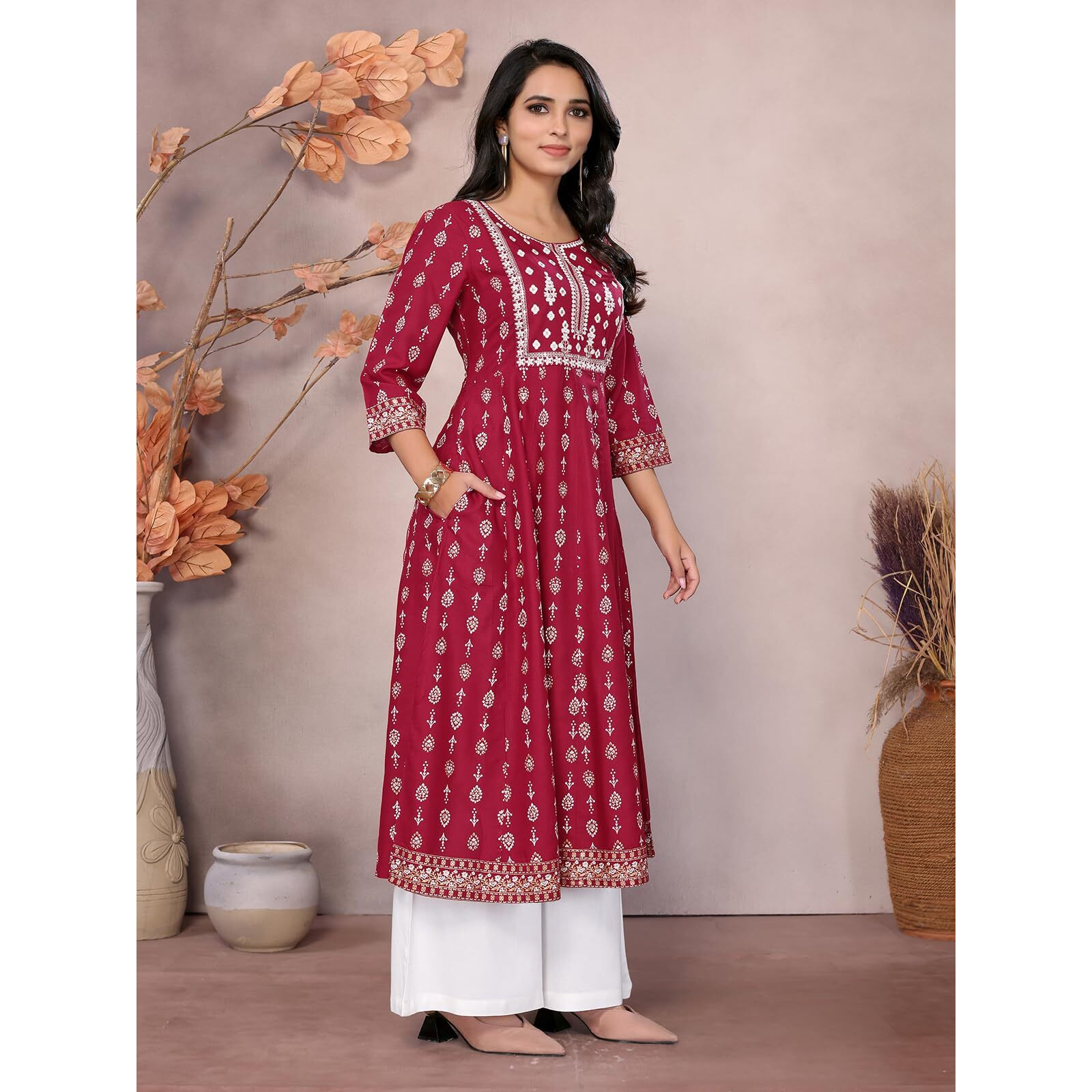 Rangita Maroon Rayon Calf Length Embroidered Anarkali Kurti | Kurta For Women_L