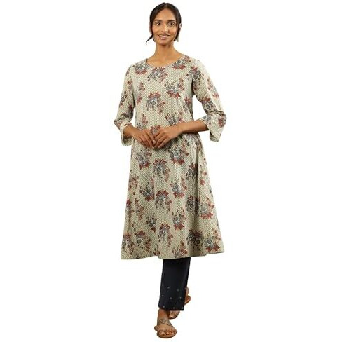 W For Woman Folksong By W Women Green Printed Cotton A-Line Kurta_24Maf11858-911190_L