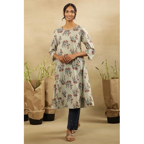 W For Woman Folksong By W Women Green Printed Cotton A-Line Kurta_24Maf11858-911190_L
