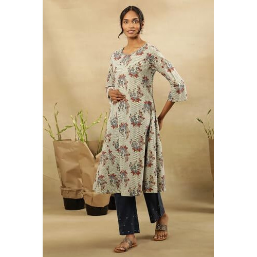 W For Woman Folksong By W Women Green Printed Cotton A-Line Kurta_24Maf11858-911190_L