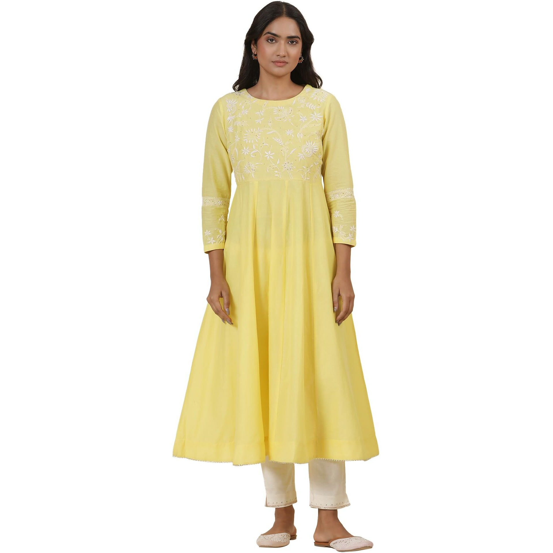 W For Woman Folksong Yellow Festive Solid Cotton Flared Kurta_24Maf11757-920835_L
