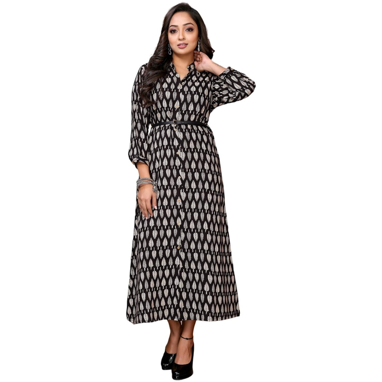 Rangita Women Black Rayon Printed Calf Length Shirt Dress Dress With Belt_Xl