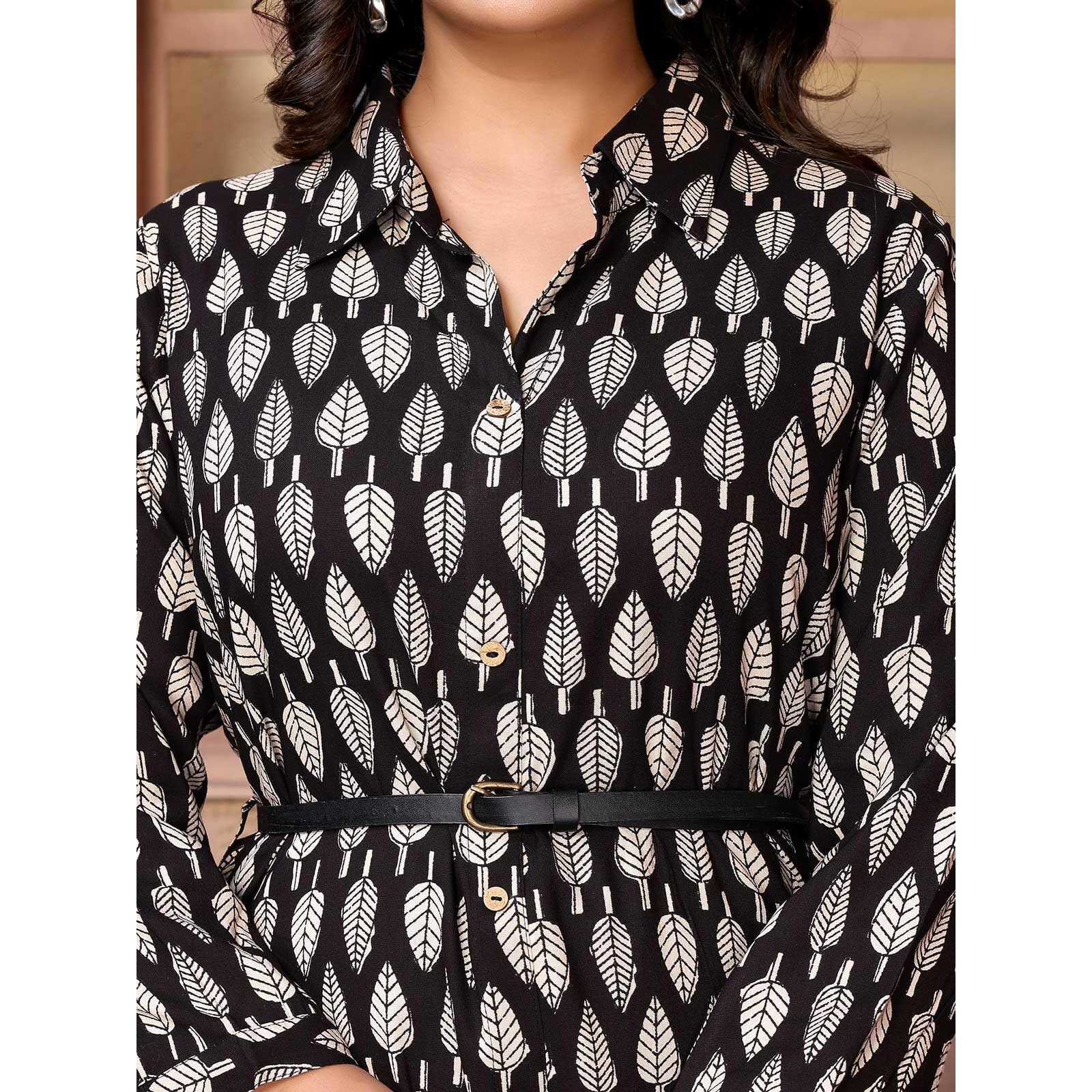 Rangita Women Black Rayon Printed Calf Length Shirt Dress Dress With Belt_Xl