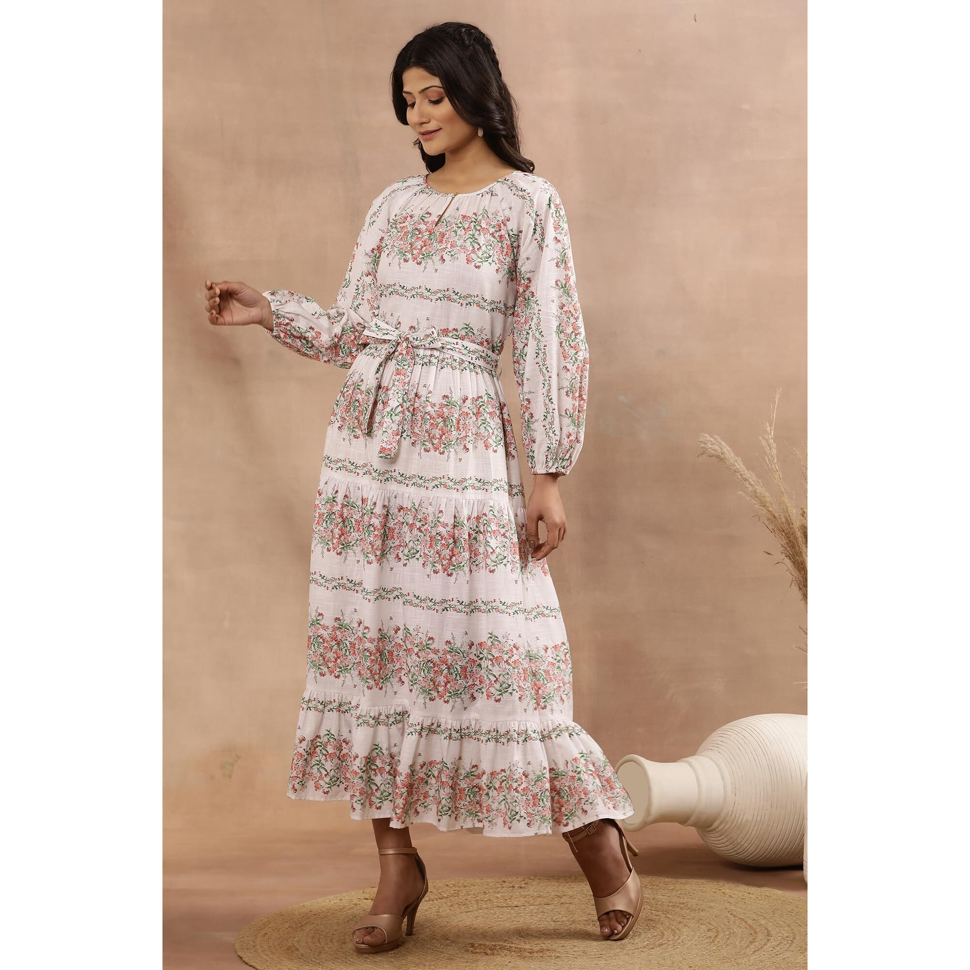 W For Woman White Floral Print Cotton A-Line Dress_24Few11364-810682_Xs