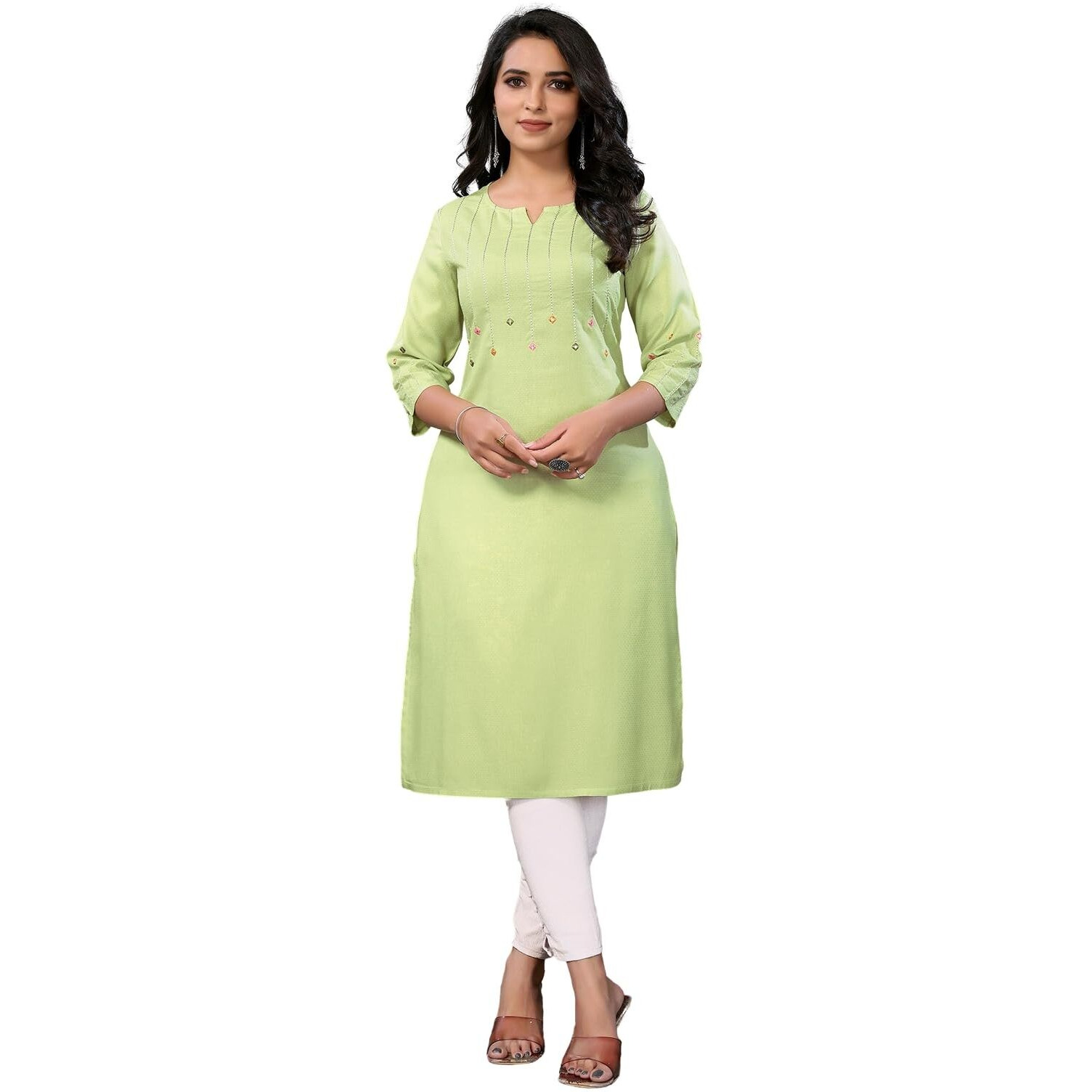 Rangita Lime Green Rayon Knee Length Embroidered Straight Kurti | Kurta For Women_Xl
