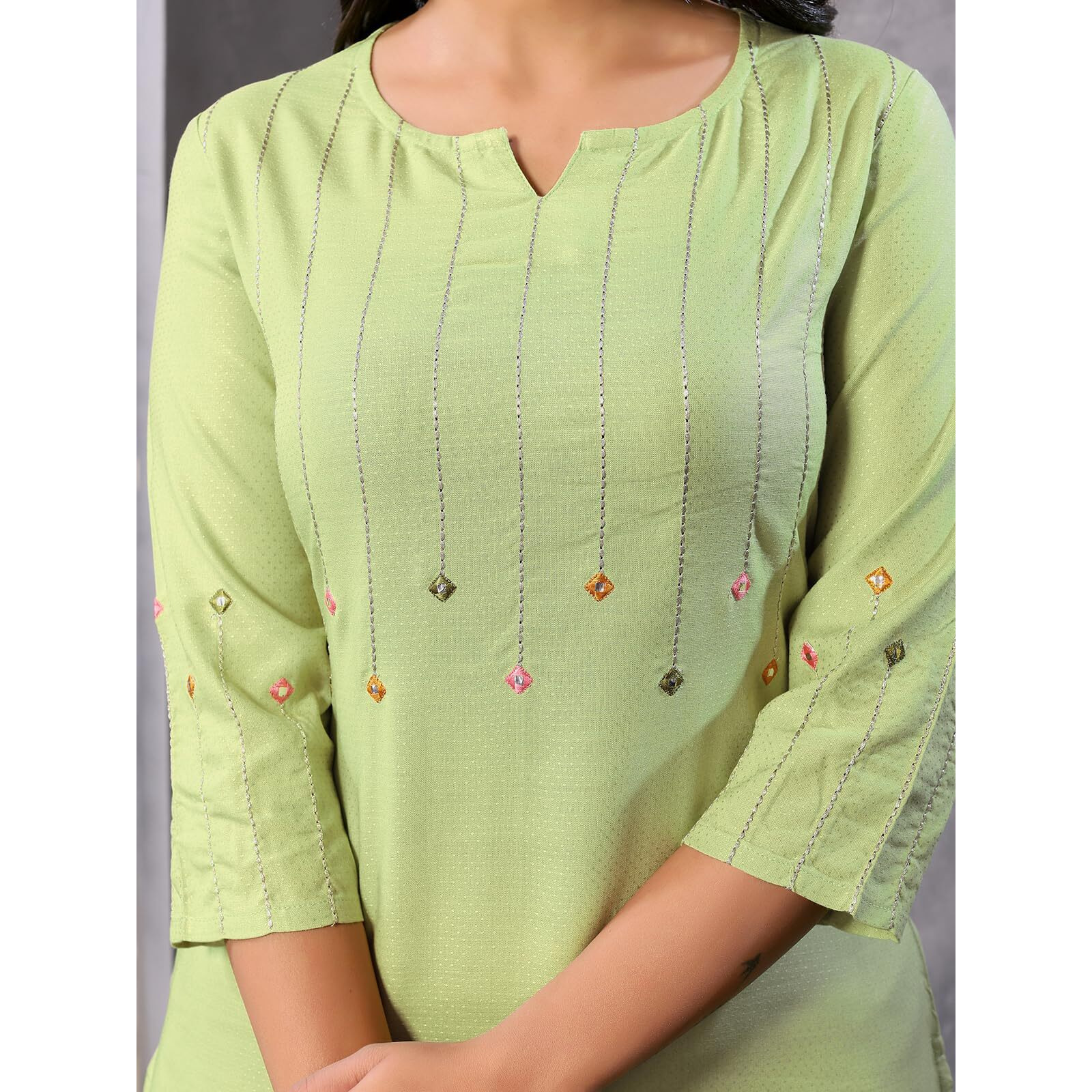 Rangita Lime Green Rayon Knee Length Embroidered Straight Kurti | Kurta For Women_Xl