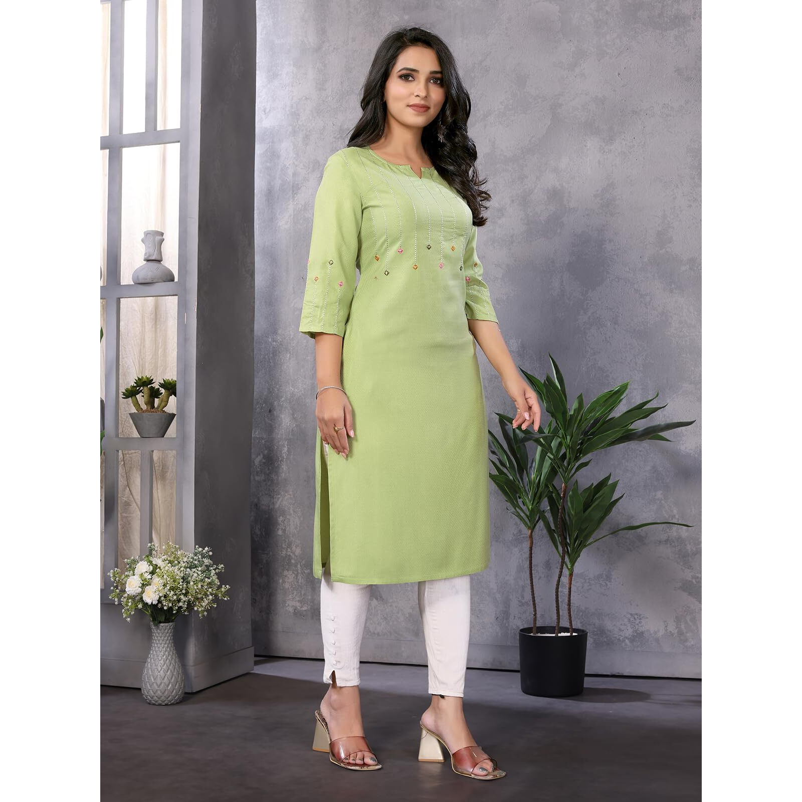 Rangita Lime Green Rayon Knee Length Embroidered Straight Kurti | Kurta For Women_Xl