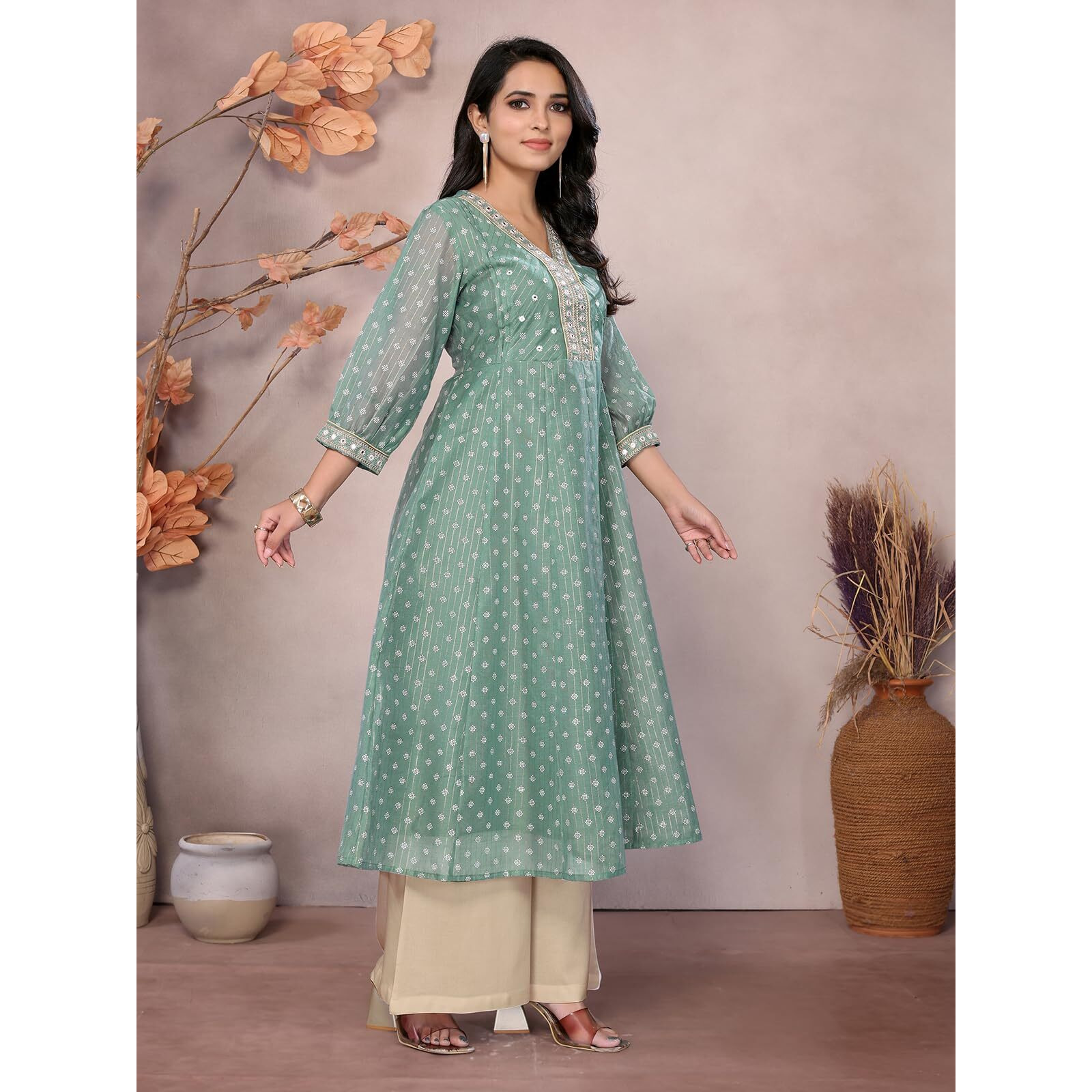 Rangita Green Chanderi Calf Length Embroidered Anarkali Kurti | Kurta For Women_S