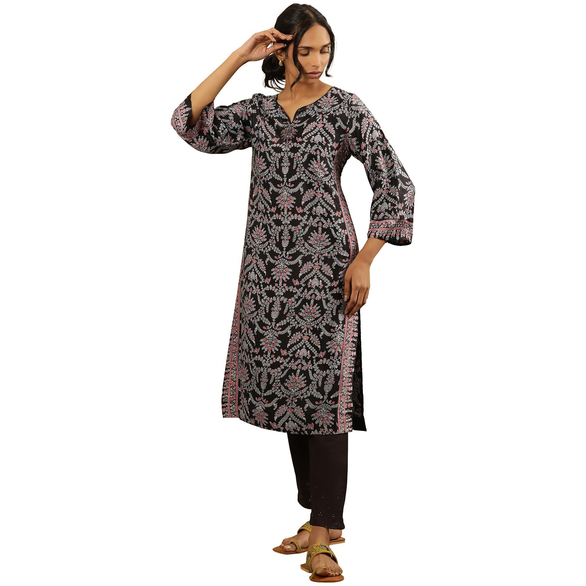 Folksong By W Women Black Festive Floral Print Viscose Straight Kurta_24Maf11685-910737_M