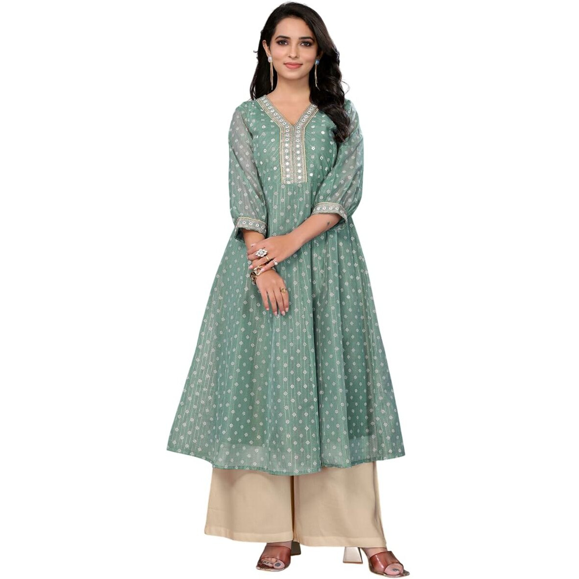Rangita Green Chanderi Calf Length Embroidered Anarkali Kurti | Kurta For Women_Xl